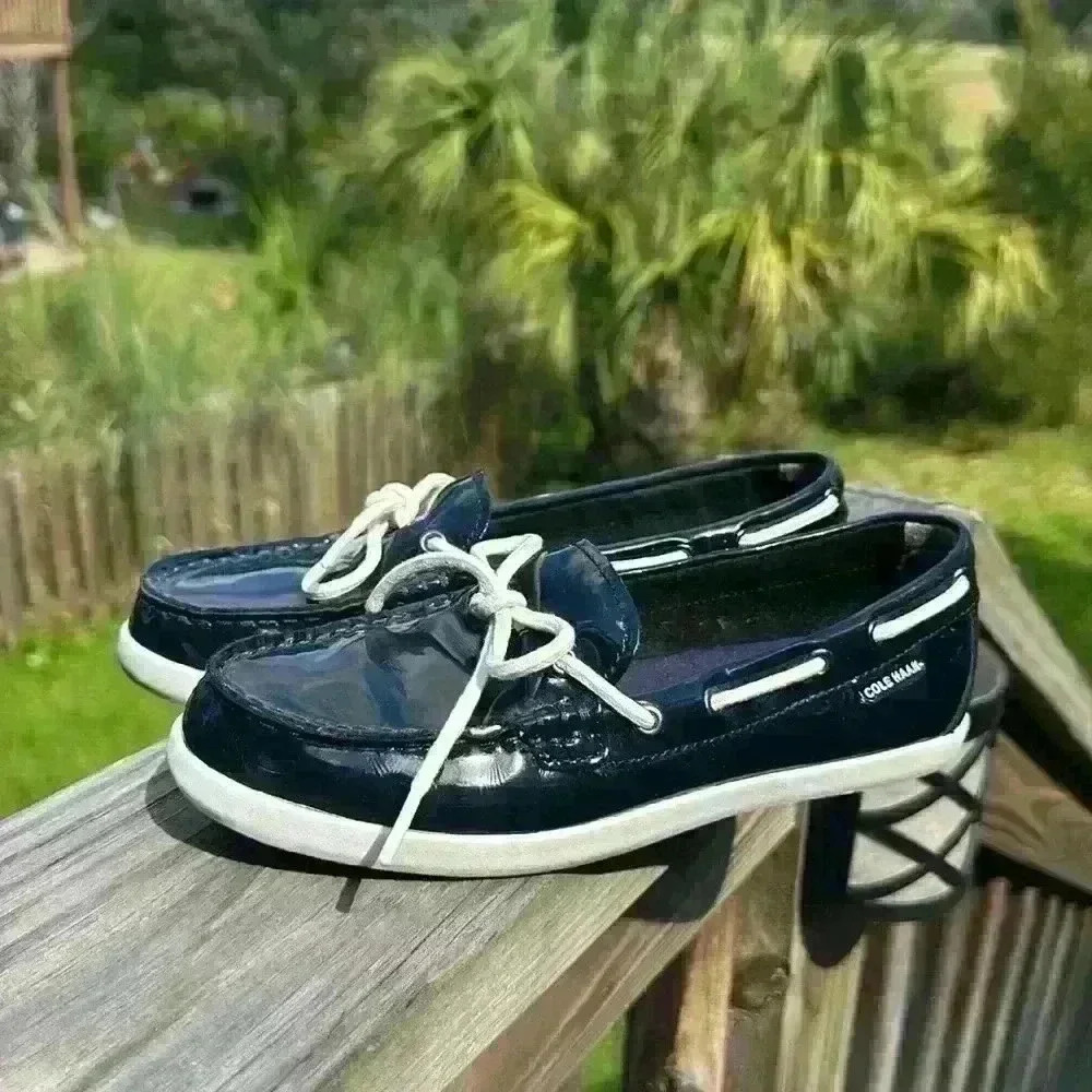 Cole Haan Nantucket Camp Moc Navy Blue Patent Leather Boat Shoes Women's Size 6B - Picture 10 of 13